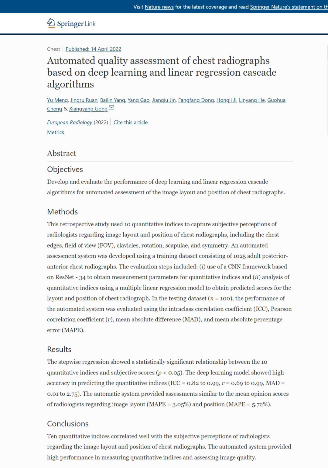 《European Radiology》最新文章：基于深度学习和线性回归级联算法的胸片自动质量评价-新闻动态|健培科技
